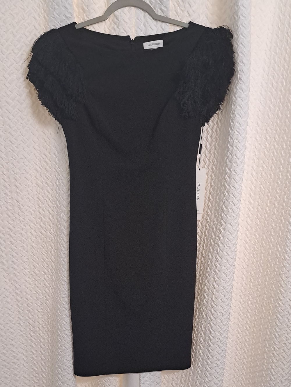Calvin Klein Black Midi Sheath Dress with Feathered Cap Sleeves